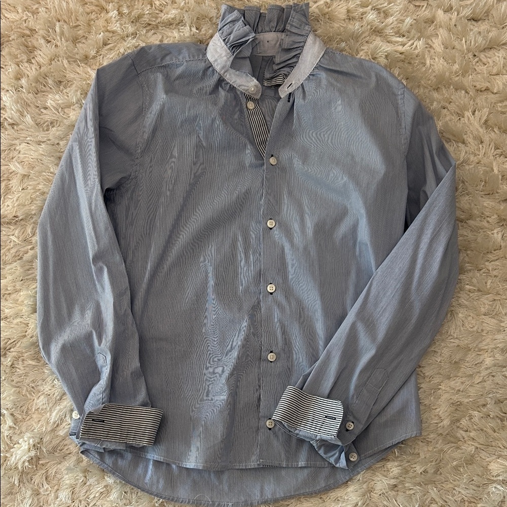 KMJ Women’s Light Blue Ruffle Collar Button-Down Shirt with cuff and collar deta